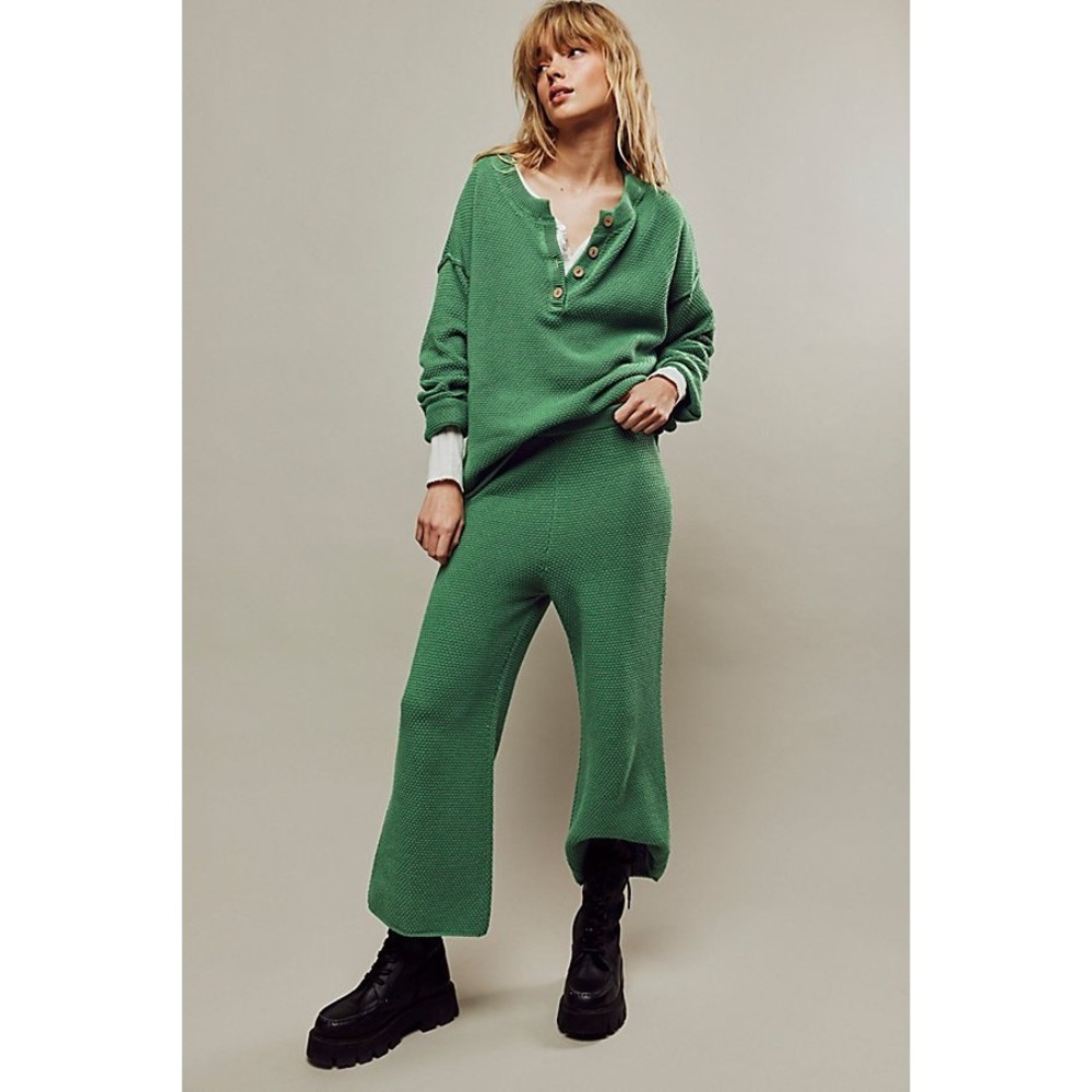 Free People Beach Hailee Knit Set Green Henley Top Wide Leg Pants Small